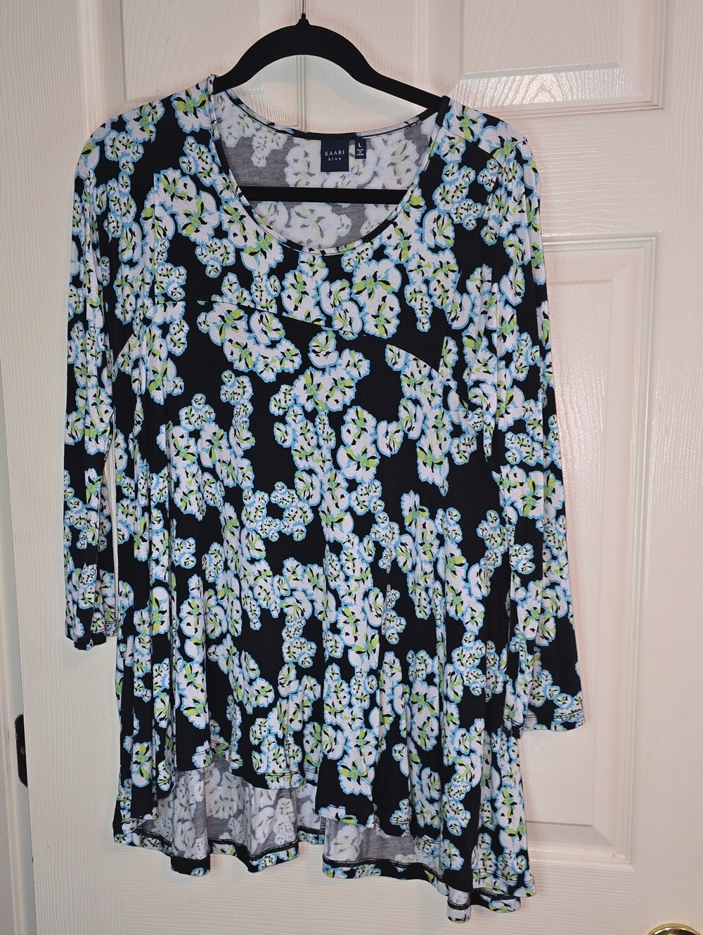 Kaari Blue Black Floral Swing Tunic with Blue, White & Green Blooms
